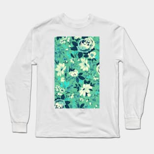 Vintage Beautiful Flower Blue Aqua Watercolor Abstract Pattern Turquoise Floral Long Sleeve T-Shirt